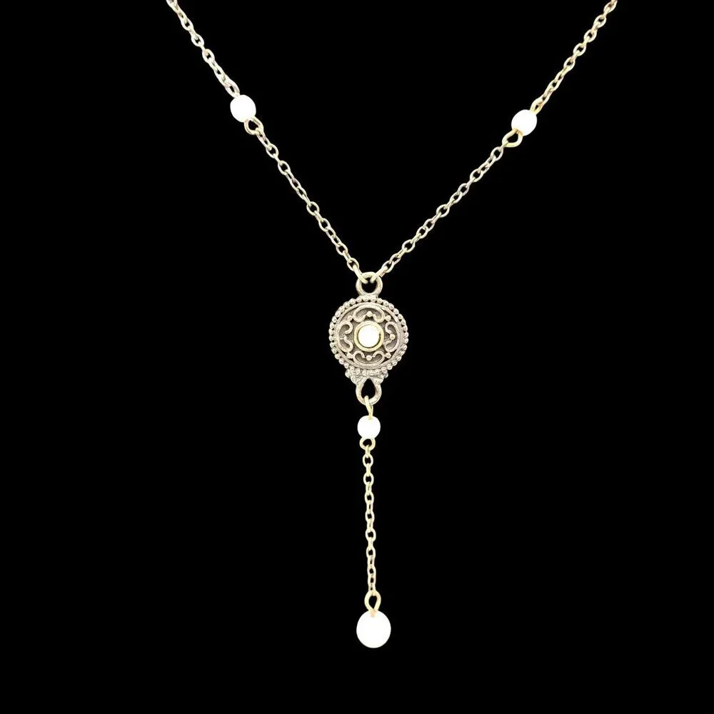Vintage-Style Bronze Necklace Pink Pearl Accents & Ornate Central Pendant 16" - Picture 1 of 4